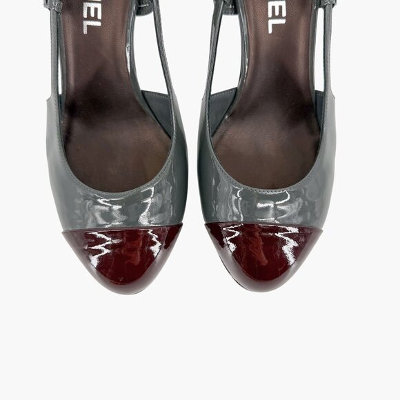 Chanel Gray Burgundy Patent Cap Toe Slingback Platform Pumps Size 37.5 US 6.5–7 - Picture 4 of 15